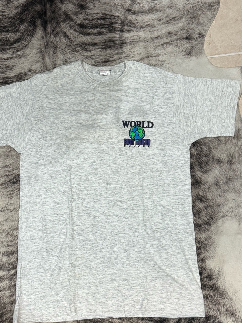 VINTAGE Y2K 1994 Light Gray WORLD Soccer T-Shirt with BUTT NAKED TROLL